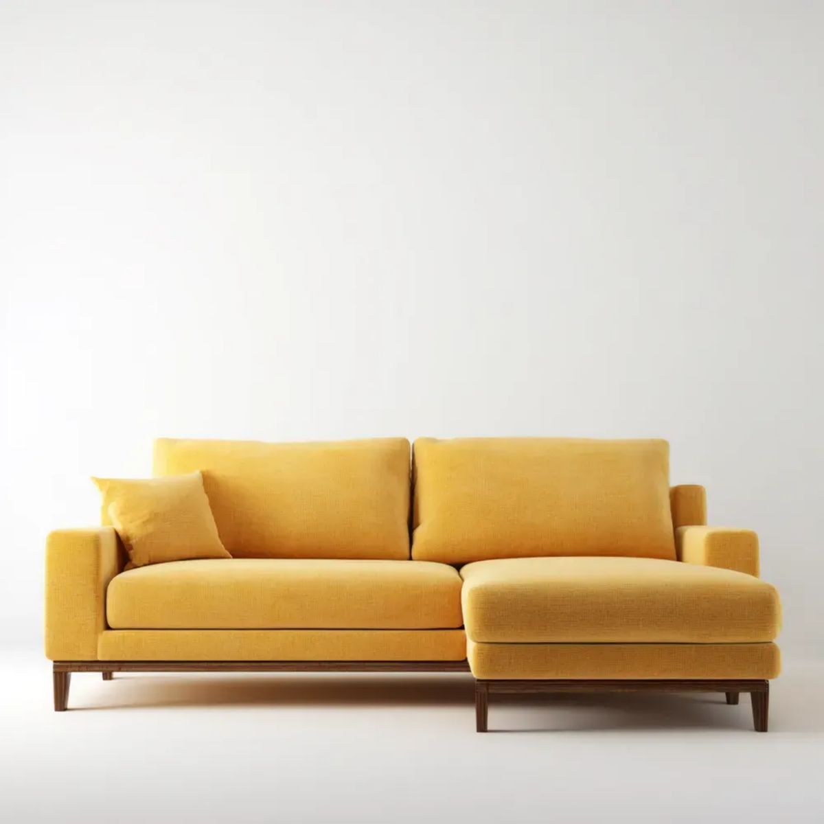 Musztardowa sofa narożna z szezlongiem po prawej stronie, tapicerka poliestrowa, 230 × 150 × 85 cm